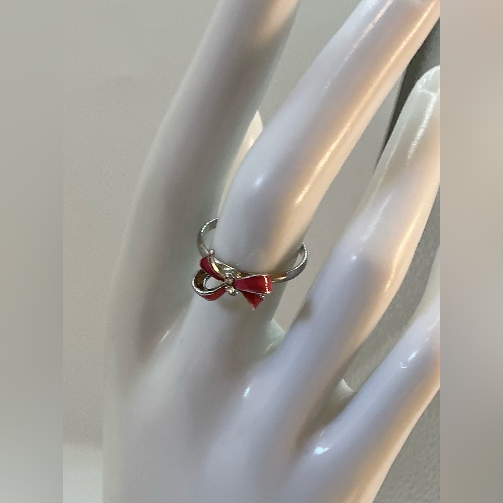 SILVERTONE PINK ENAMEL BOW DAINTY ADJUSTABLE SIZE RING